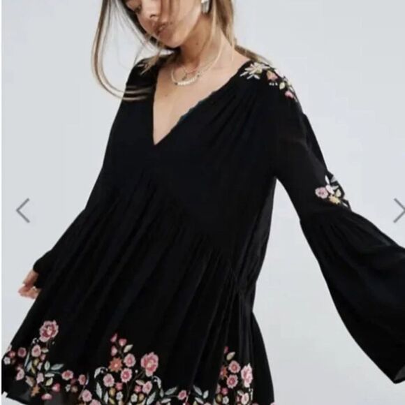 Free People Te Amo Black Embroidered Floral Boho Mini  Dress, Size M - Picture 3 of 16